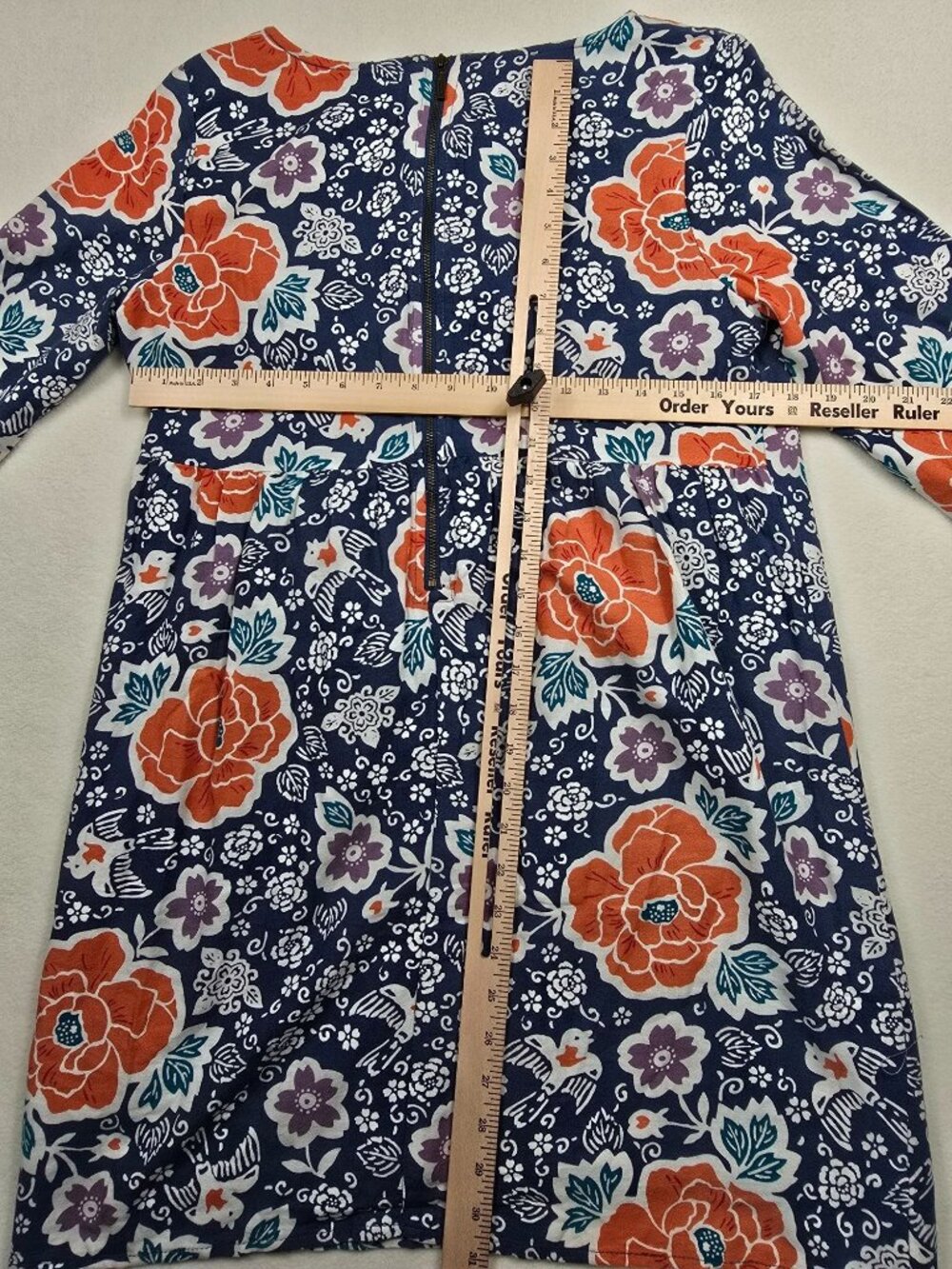 Old Navy Floral Print Dress Navy Orange Purple 3/4 Sleeve Back Zip Womens Medium - Picture 6 of 6